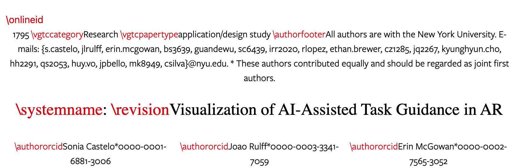 Errors are displayed in red markup interpersed with the text. Errors are: forward slash online ID, foward slash v.g.t.c. category, forward slash author footer, foward slash system name, foward slash system name, foward slasch author orcid.