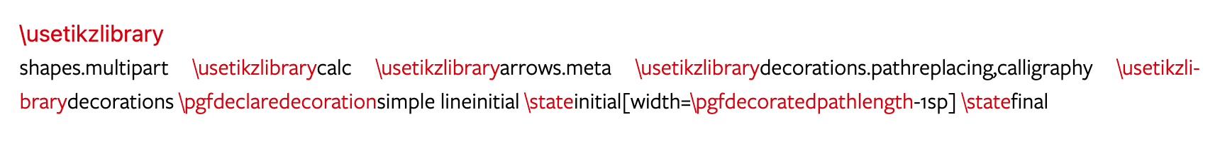 Tik Z errors are displayed in red markup. Errors are: foward slash use tik z library, foward slash p.g.f. declare decorations simple line initial